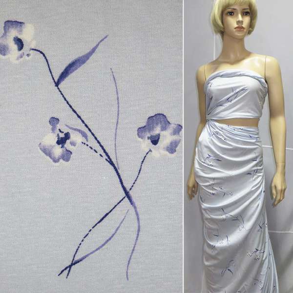 Трикотаж віскозний стрейч бузковий в квіти ш.128