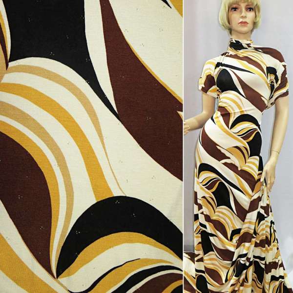 Трикотаж віскозний стрейч молочний з жовтим і чорним малюнком ш.131