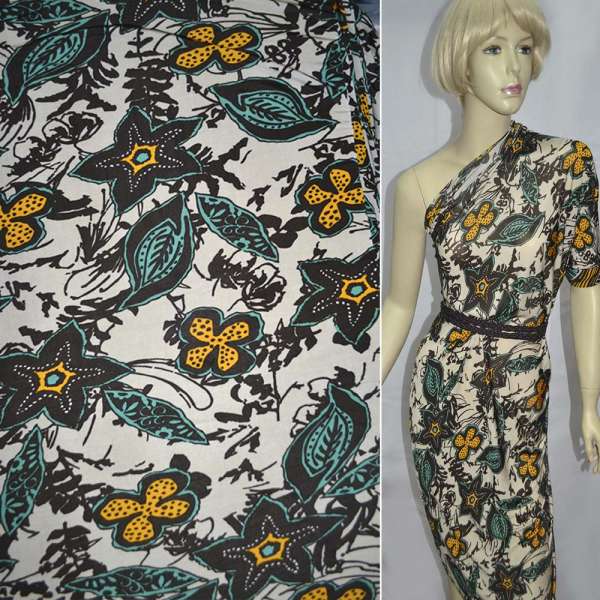 Трикотаж вискозный молочный купон коричневые, бирюзово-желтые цветы ш.130