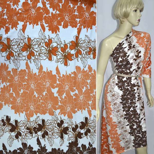 Трикотаж вискозный стрейч белый в оранжевые цветы