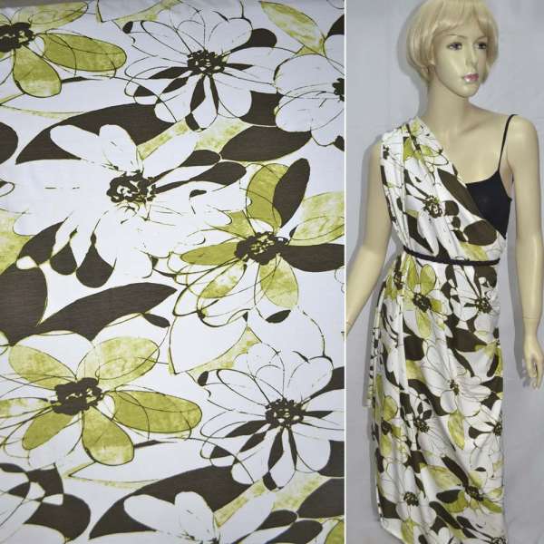 Трикотаж віскозний стрейч білий в великі зелено-білі квіти з листям