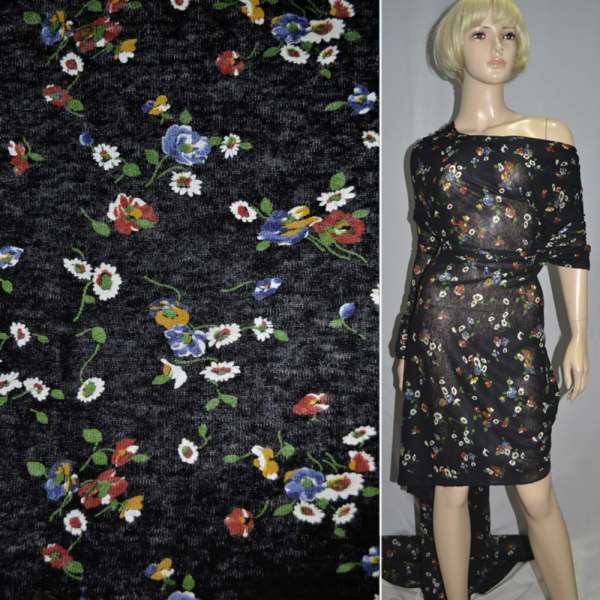 Трикотаж вискозный черный с белыми и синими цветами ш.125