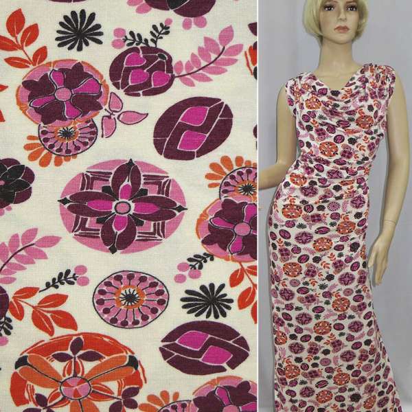 Трикотаж віскозний стрейч білий в рожеві, помаранчеві, бордові квіти ш.154