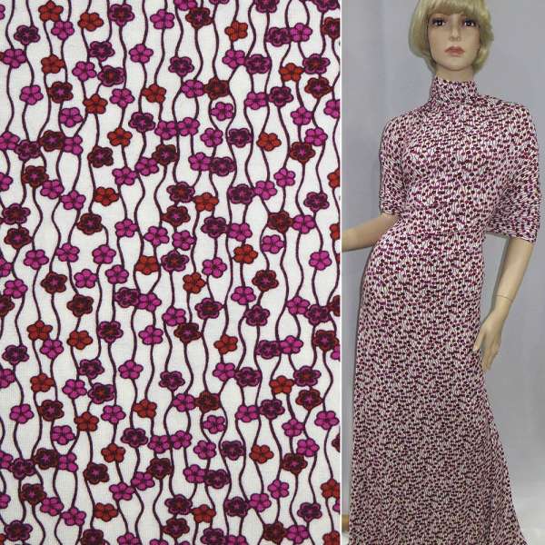 Трикотаж вискозный стрейч белый с бордовыми вьющимися мелкими цветами ш.140