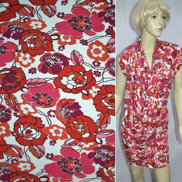 Трикотаж вискозный стрейч белый с красными, малиновыми, бордовыми цветами ш.140