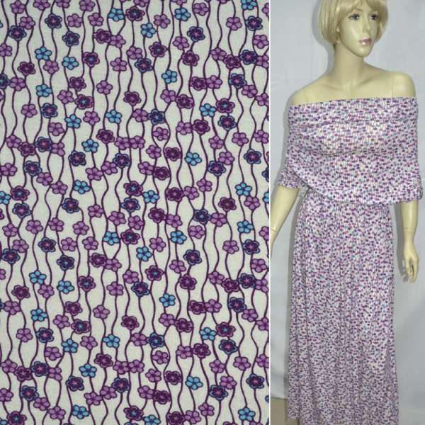 Трикотаж вискозный стрейч белый с сиреневыми вьющимися мелкими цветами ш.154