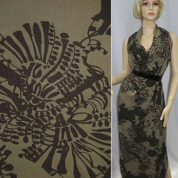 Трикотаж вискозный стрейч коричневый светлый с темно-коричневым абстрактным рисунком ш.147