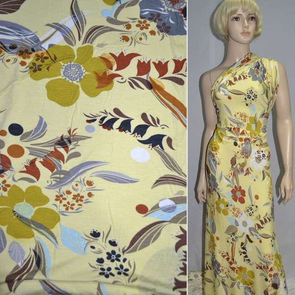 Трикотаж вискозный стрейч желтый светлый с бордовыми, серыми, белыми цветами ш.142