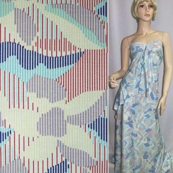 Трикотаж віскозний стрейч блідо-блакитний в сині, голубі, червоні смужки і абстрактний малюнок ш.145