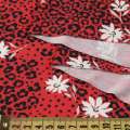 Трикотаж вискозный стрейч красный, черный леопардовый принт, белые цветы, ш.145