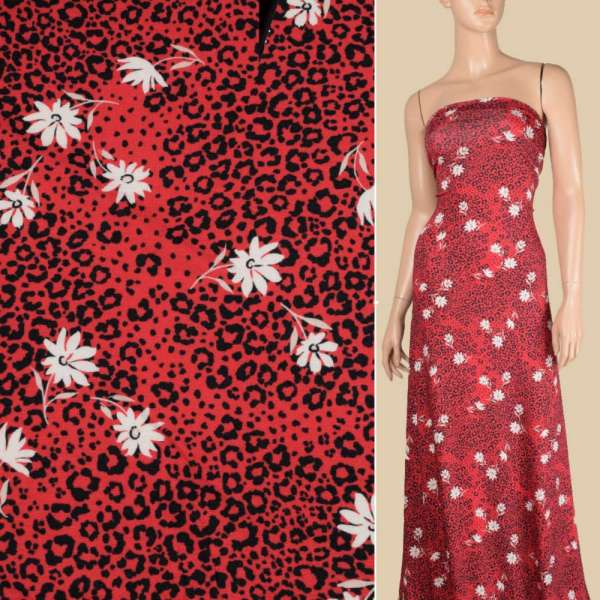 Трикотаж вискозный стрейч красный, черный леопардовый принт, белые цветы, ш.145