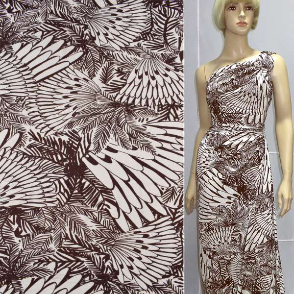 Трикотаж віскозний стрейч білий в темно-коричневу абстракцію