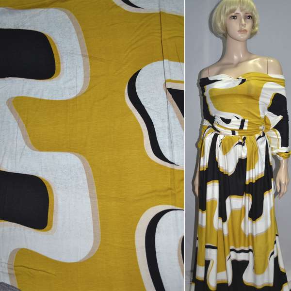 Трикотаж вискозный стрейч белый с черно-желтым абстрактным рисунком