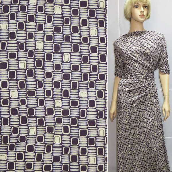 Трикотаж віскозний стрейч бузковий темний з білими квадратами і смужками ш.150