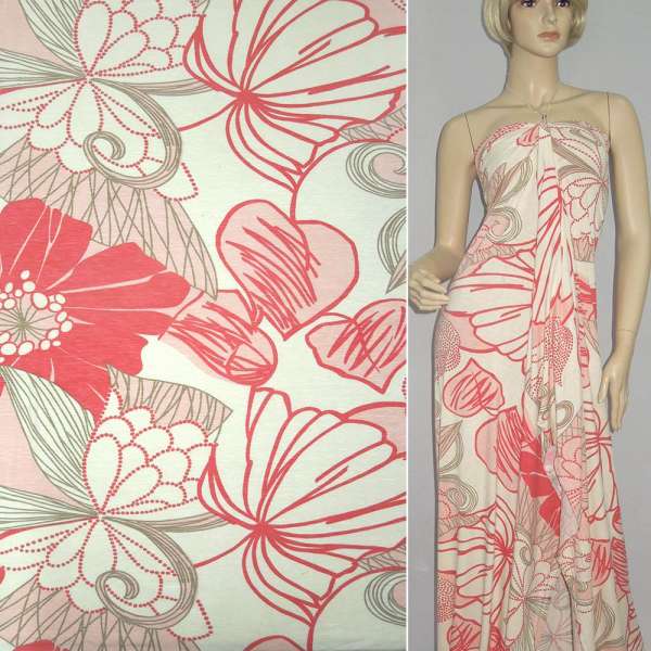 Трикотаж віскозний стрейч молочний з рожево-червоними квітами ш.150