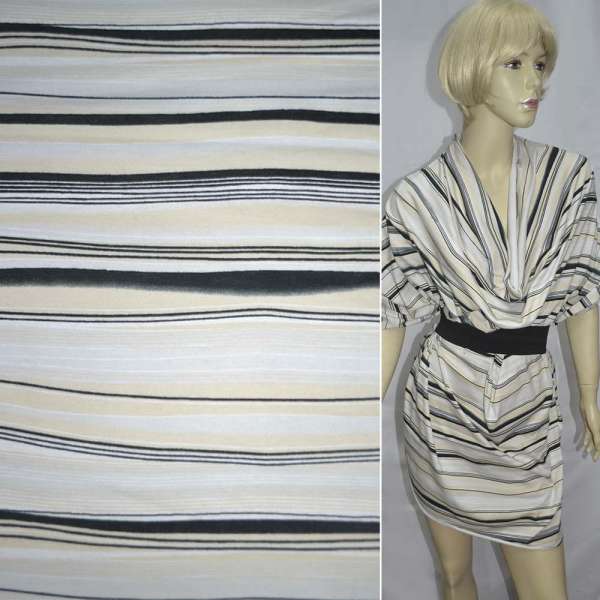 Трикотаж з бавовною стрейч блідо-сірий з бежево-чорними смужками ш.150