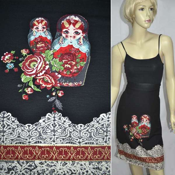 Трикотаж віскозний стрейч чорний принт матрьошка (рапорт)