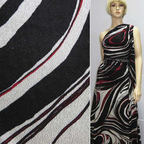 Трикотаж сірий світлий з червоно-чорним абстрактним малюнком ш.140