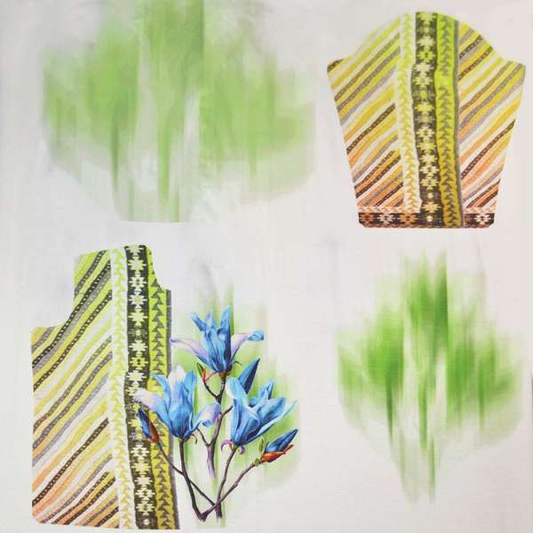 Трикотаж віскозний стрейч молочний з салатовим малюнком і синіми квітами