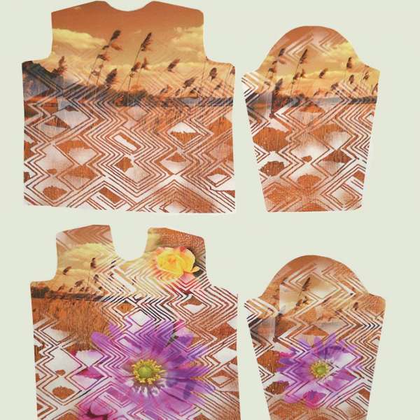 Трикотаж вискозный стрейч молочный с рыжим рисунком и сиреневыми цветами