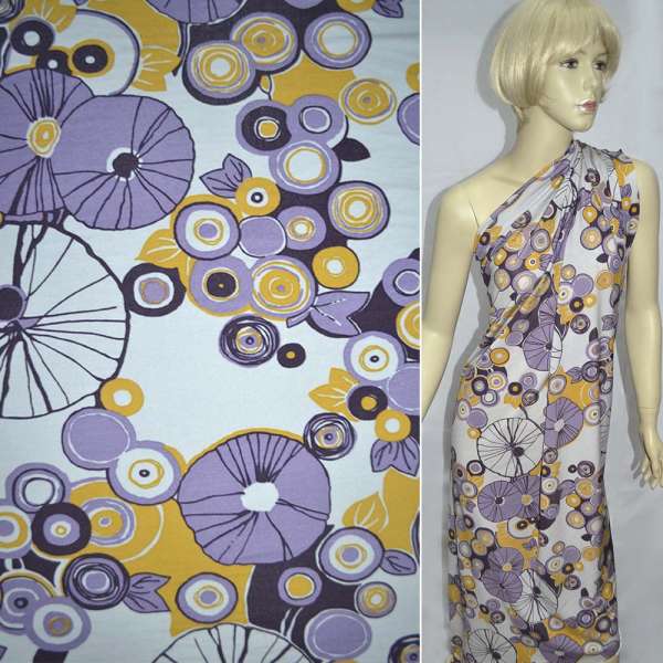 Трикотаж с вискозой серо-голубой с сиренево-желтым рисунком ш.140