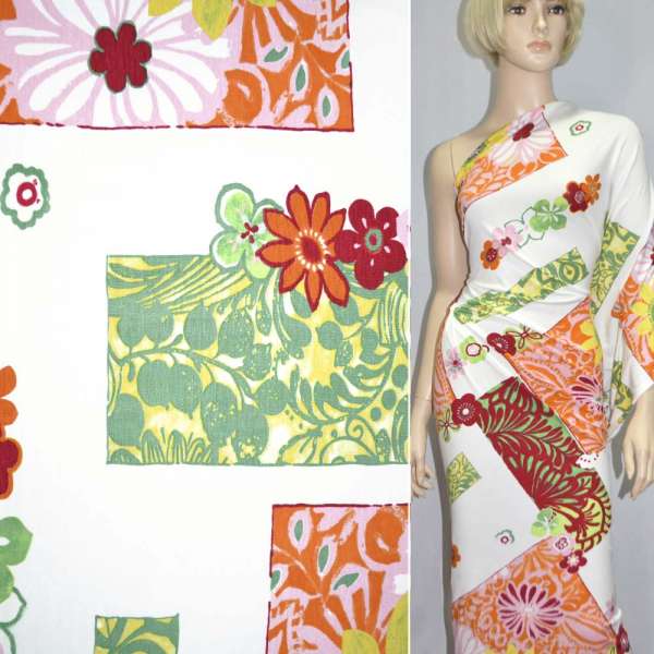 Трикотаж вискозный стрейч белый с разноцветными квадратами и цветами