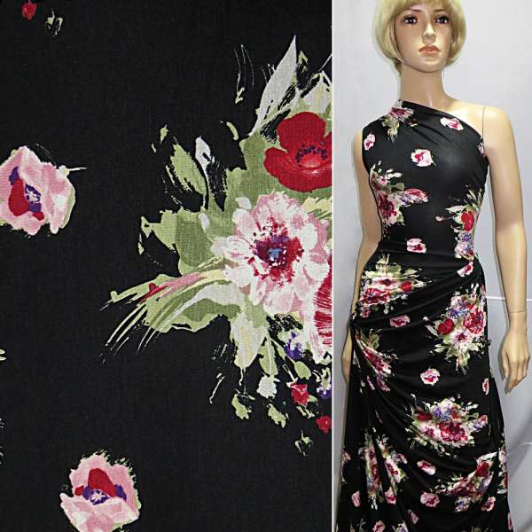 Трикотаж вискозный стрейч черный в красные розы ш.145