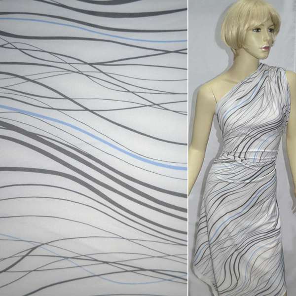 Трикотаж с вискозой стрейч белый с серо-голубыми волнами ш.130