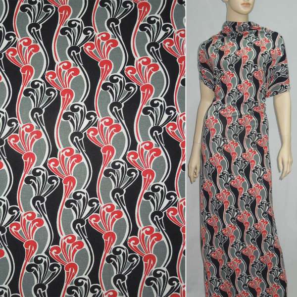 Трикотаж вискозный серый с черно-красной абстракцией ш.150