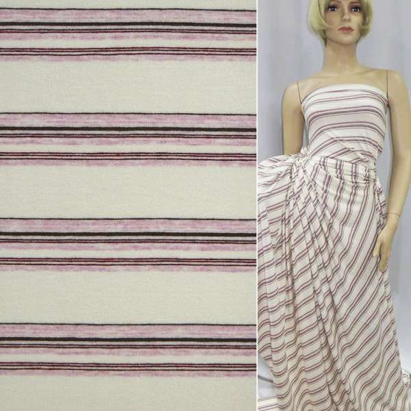 Трикотаж віскозний стрейч молочний з рожево-коричневою смужкою ш.150