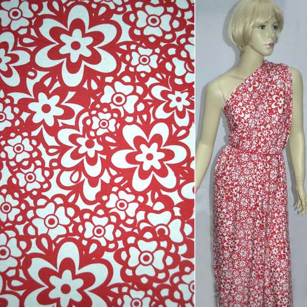 Трикотаж вискозный стрейч белый с красными ромашками ш.130