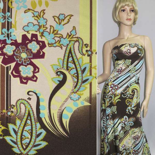 Трикотаж с вискозой коричнево-голубая полоска с цветами и огурцы ш.130