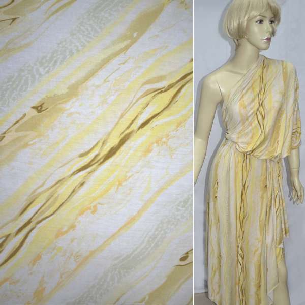 Трикотаж віскозний стрейч молочний з оливково-жовтим діагональним абстрактним малюнком ш.130