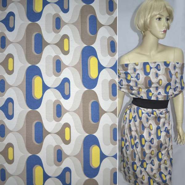 Трикотаж с вискозой песочный с желто-синим светло-коричневым рисунком ш.120