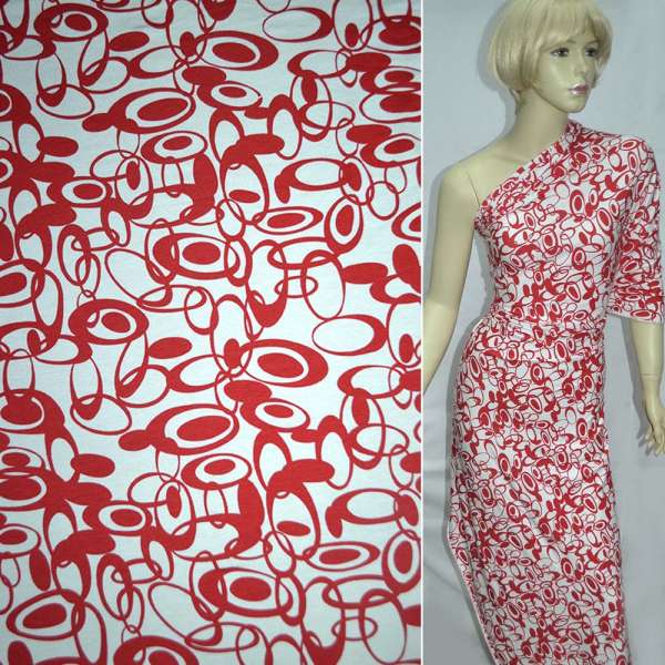 Трикотаж вискозный стрейч белый с красными овалами ш.130