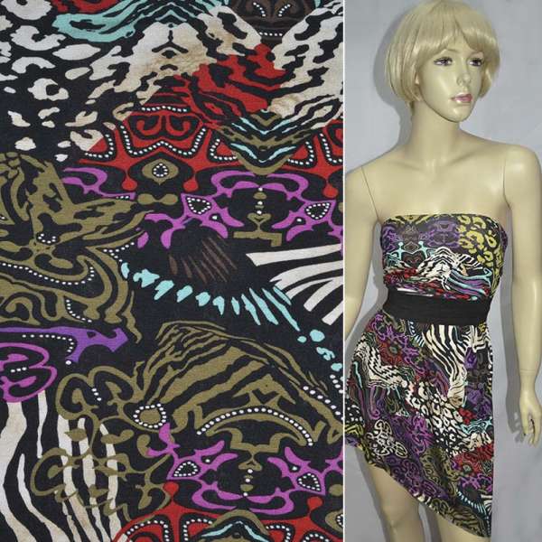 Трикотаж віскозний стрейч чорний з біло-салатово-рожевим абстрактним малюнком ш.150