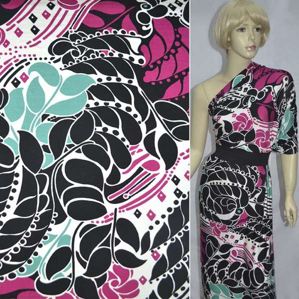 Трикотаж віскозний стрейч чорно-білий в малиново-бірюзову абстракцію ш.150