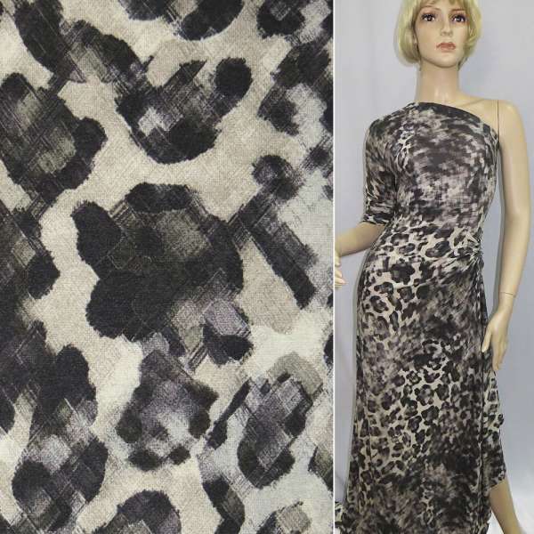 Трикотаж вискозный стрейч песочно-фиолетовый темный принт леопард ш.149