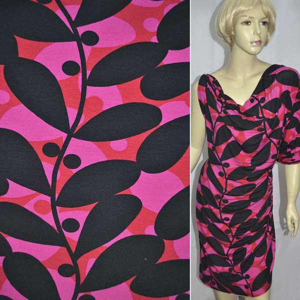 Трикотаж вискозный стрейч малиново-красный с черными листьями ш.150