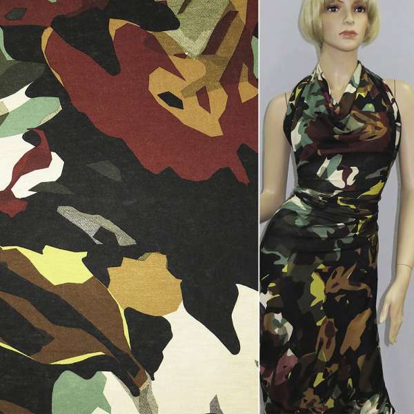 Трикотаж вискозный черно-бежевый зеленый калейдоскоп ш.158