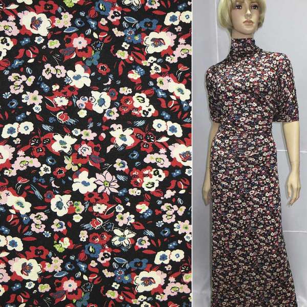 Трикотаж вискозный стрейч черный в молочно-красные цветочки ш.152