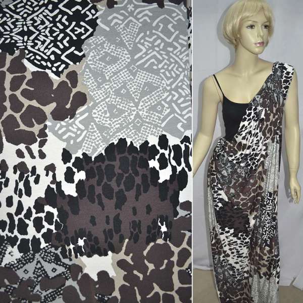 Трикотаж вискозный стрейч бело-серый с коричнево-черными пятнами ш.150