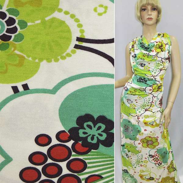 Трикотаж вискозный стрейч белый с желто-салатовыми цветами ш.140