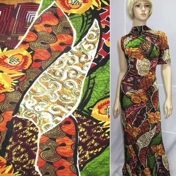 Трикотаж вискозный стрейч зелено-бордовый с желто-оранжевым абстрактным рисунком ш.120