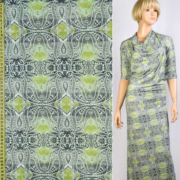 Трикотаж вискозный стрейч серый в молочно-салатовый орнамент, ш.150