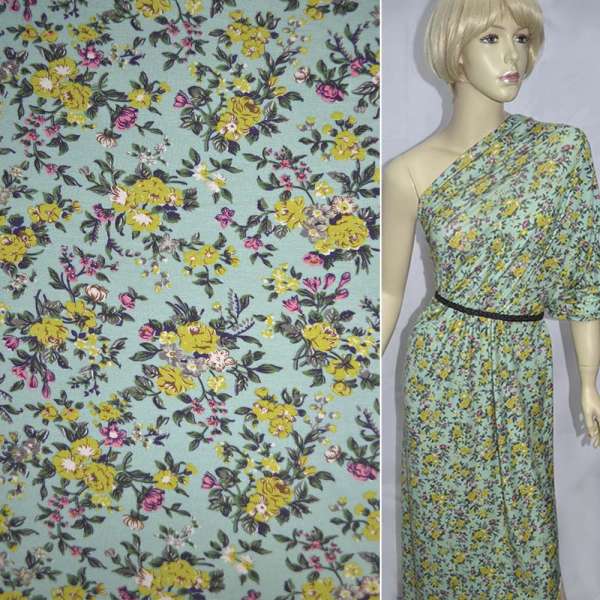 Трикотаж вискозный стрейч зеленый в розово-салатовые букетики ш.150