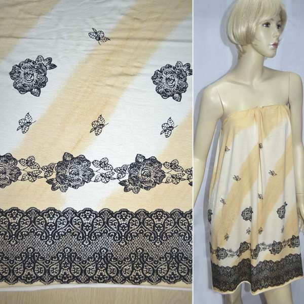 Трикотаж віскозний стрейч бежево-кремовий з чорними квітами і купоном ш.140