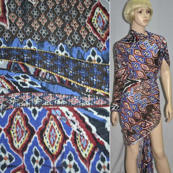 Трикотаж віскозний коричневий в червоно-блакитні ромби ш.152