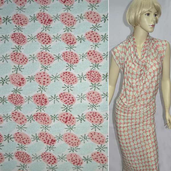 Трикотаж віскозний стрейч кремовий в рожево-оливкові овали ш.135