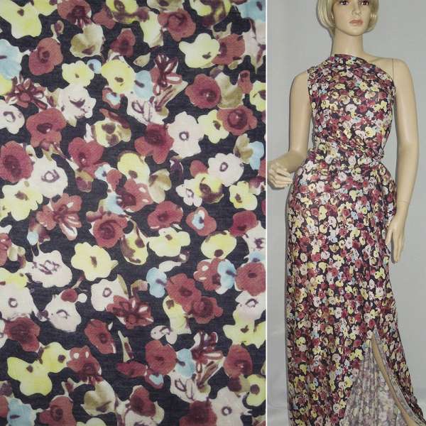 Трикотаж віскозний фіолетовий темний в бордово-жовті братки ш.152